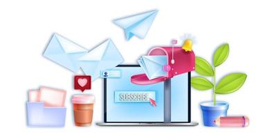 Vector email digital business, internet marketing banner, laptop screen, subscribe button,open mailbox. Social media web network, online communication concept. Email marketing, newsletter subscription