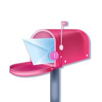 Vector pink traditional mailbox email notification, new letter concept isolated on white, closed envelope. Post delivery 3D illustration, alert, number one. Message notification in internet mailbox