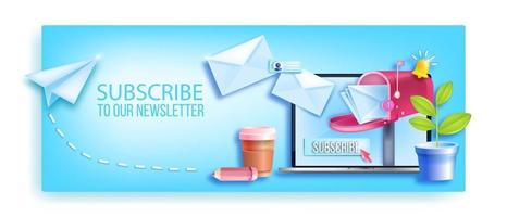 Subscribe email newsletter vector banner, laptop screen, workplace, mailbox, envelopes, notification bell. Mail online business, internet marketing background, airplane. Subscribe newsletter concept