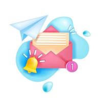 Vector new message notification, alert icon, sms notice, chat reminder, paper airplane, open envelope. Online email attention letter web concept, ringing doorbell,number one. Message notification logo