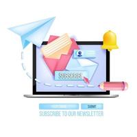 Subscribe to email newsletter vector 3D concept, laptop, paper airplane, notification bell icon. Mail internet marketing web template, open envelope, screen, button. Subscribe business newsletter