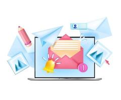 Subscribe to monthly newsletter vector internet business isolated concept, laptop, home workplace. Online marketing 3D illustration, notification bell, open envelopes. Subscribe newsletter web design