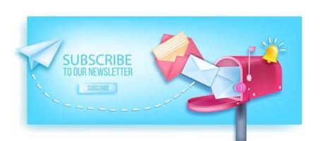 suscríbete a nuestro boletín de noticias vector 3d banner, buzón abierto, avión de papel, timbre de notificación, sobres. marketing en Internet, concepto de página web de negocios en línea, botón. suscribirse a la newsletter de fondo