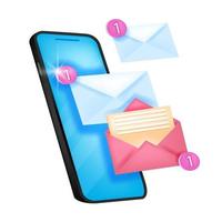 Vector new message notification icon, email alert, chat notice illustration with smartphone screen. Isolated mobile reminder web concept, envelopes, number one. Online message push notification logo