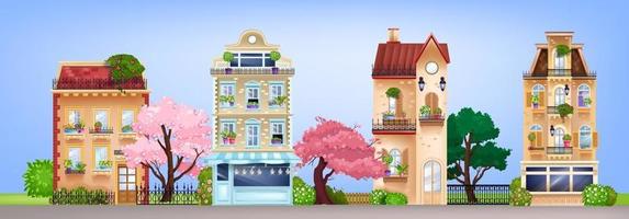 Vector house facades, vintage buildings street illustration with retro residential cottages, bloom trees. European old Victorian background with showcases, windows, rooftops. House facades front view