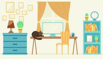 Cozy office with a cat on the table vector