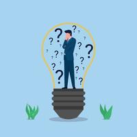 Business flat vector concept illustration. Businessman stands in the bulb with question marks.