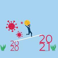 Business flat vector concept illustration. Businessman brings coin to next year and runs from virus