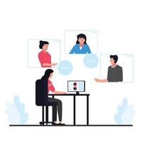 Flat people discuss during remote meeting illustration. vector