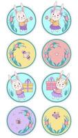 Set of cute animals and insects. Rabbits - boy and girl with Easter eggs and gifts, butterfly and bird on a round floral background. Vector illustration. Happy Easter and Happy Birthday greeting card