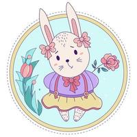 lindo conejo. conejito de pascua con lazos y una falda con una rosa sobre un fondo floral decorativo. ilustración vectorial. tarjeta de felicitación de pascua feliz, cumpleaños, para imprimir y diseñar vector