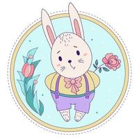 lindo conejo. conejito de pascua en pantalones con tirantes con una rosa sobre un fondo floral decorativo. vector. para tarjetas de felicitación con pascua y cumpleaños, diseño y decoración, impresión y decoración vector