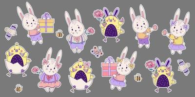 Set of colored stickers of cute animals and insects. Easter Bunnies and Chickens - a girl and a boy with a large gift box and a flower, bird, bees and butterflie. Vector. For design Happy Easter vector