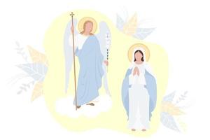 Annunciation of the Most Holy Theotokos. Virgin Mary, Mother of Christ in a blue maforia and Archangel Gabriel with a lily on a yellow background. Religious Catholic and Orthodox holiday. Vector