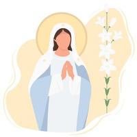 Holiday - Annunciation to the Blessed Virgin Mary. Mother of Jesus Christ pray accepting the good news.Vector illustration. card Mary and lily - Great Feasts of the Orthodox And the Catholic Church