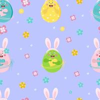 Happy Easter seamless pattern. Funny Easter eggs with faces, emotions and hands and with bunny ears on a blue background with flowers. Vector. For design, decoration, printing, packaging and wallpaper vector