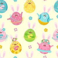 Easter seamless pattern. Funny Easter eggs - girls and boys with faces, emotions and hands with hare ears on a light pink background. Vector. For design, decoration, printing, packaging and wallpaper vector