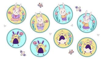 Set of cute Easter animals. Rabbit girl and boy with Easter eggs and a rose and Chickens sitting in an egg in a round decorative shape with a floral pattern. Vector illustration. Happy Easter card