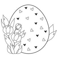 Easter card. Large Easter egg with hearts and a bouquet of spring flowers and leaves. Vector. Black line, outline. Illustration for design, decor, print, postcards for happy Easter vector