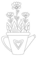 Spring flowers in a pot in the form of a watering can. Vector drawing. Black line, outline. White background. Decorative houseplant, flowerpot for print, decor, design, print, decoration and postcards