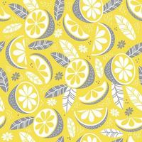 Seamless pattern in yellow-gray color. Decor, citrus fruits, leaves and branches on a yellow background. Vector illustration. For textiles, wallpaper, design, printing, packaging and decoration