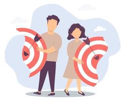 Vector illustration separating the two halves, relationships and teamwork, collaboration and collapse. Business concept - man and woman diverge. Each holds their own half of the target with arrows