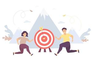 Business concept man and a woman are running towards their goal, movement and motivation to the top of success. Vector. illustration partner work, goal and achievement, business success and marketing vector