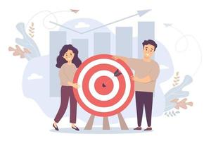 Vector. A man and a woman near a target with an arrow in the center. background and infographics, columns and arrows of growth upward. concept goal, cooperation, result and success, goal achievement. vector