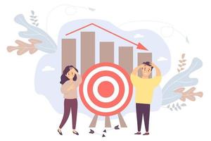 Vector. Man and a woman near a target with chart arrows falling. vector