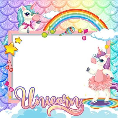 Blank banner with cute unicorn cartoon character