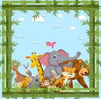 Wild animals group with bamboo frame vector