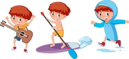 Set of a boy cartoon character doing different activities vector