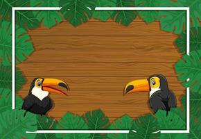 Empty banner with tropical leaves frame and toucan cartoon character vector