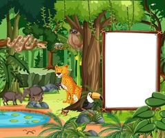 Forest scene with empty banner and many wild animals vector