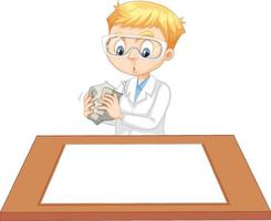 A boy wearing scientist gown with empty paper on the table vector