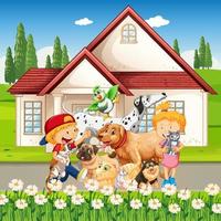 Outdoor scene with group of pet and children vector