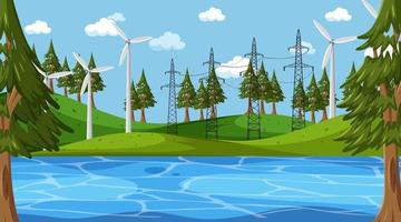 Empty nature park landscape scene with wind turbine vector