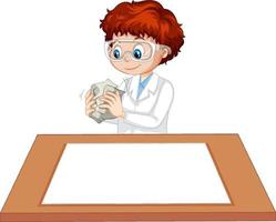 A boy wearing scientist gown with empty paper on the table vector