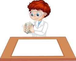 A boy wearing scientist gown with empty paper on the table vector