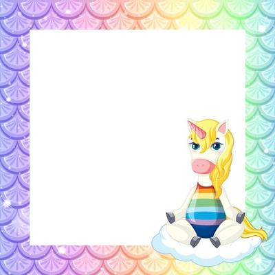 Blank pastel rainbow fish scales frame template with cute unicorn cartoon character