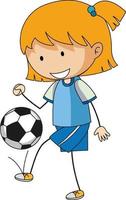 linda chica jugando al fútbol doodle personaje de dibujos animados aislado vector