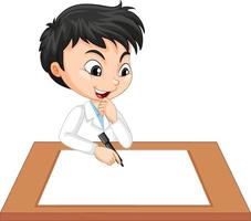 A boy wearing scientist gown with empty paper on the table vector