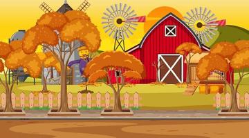 Empty farm scene at sunset time with red barn and windmill vector