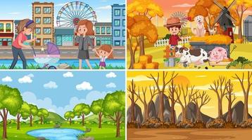 Four different scenes with children cartoon character vector