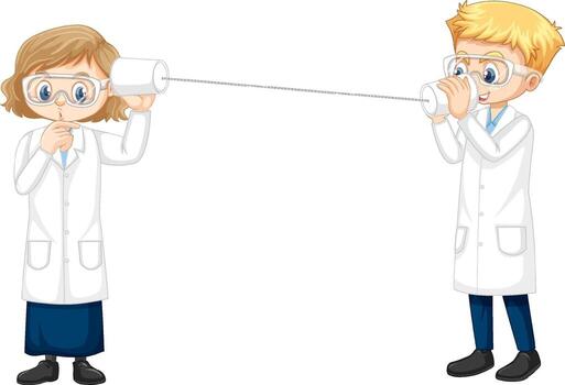 Two young scientist doing string phone experiment vector