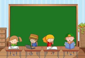 Empty blackboard in classroom scene with many kids doodle cartoon character vector