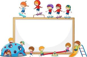 Empty banner with many kids doodle cartoon character vector
