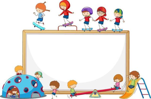 Empty banner with many kids doodle cartoon character