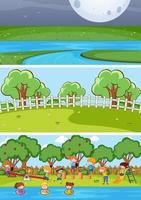 Set of different horizontal scenes background with doodle kids cartoon character vector