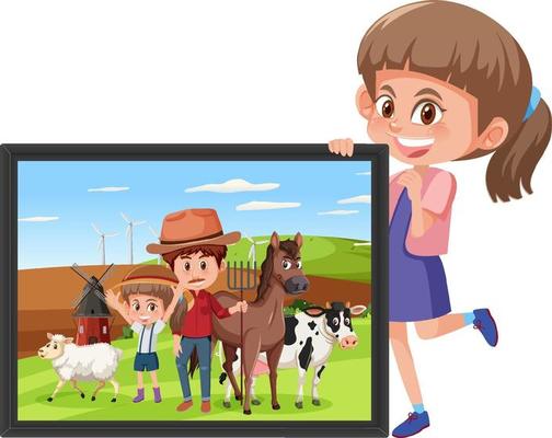 A girl cartoon character holding a photo of a girl in the farm with her dad